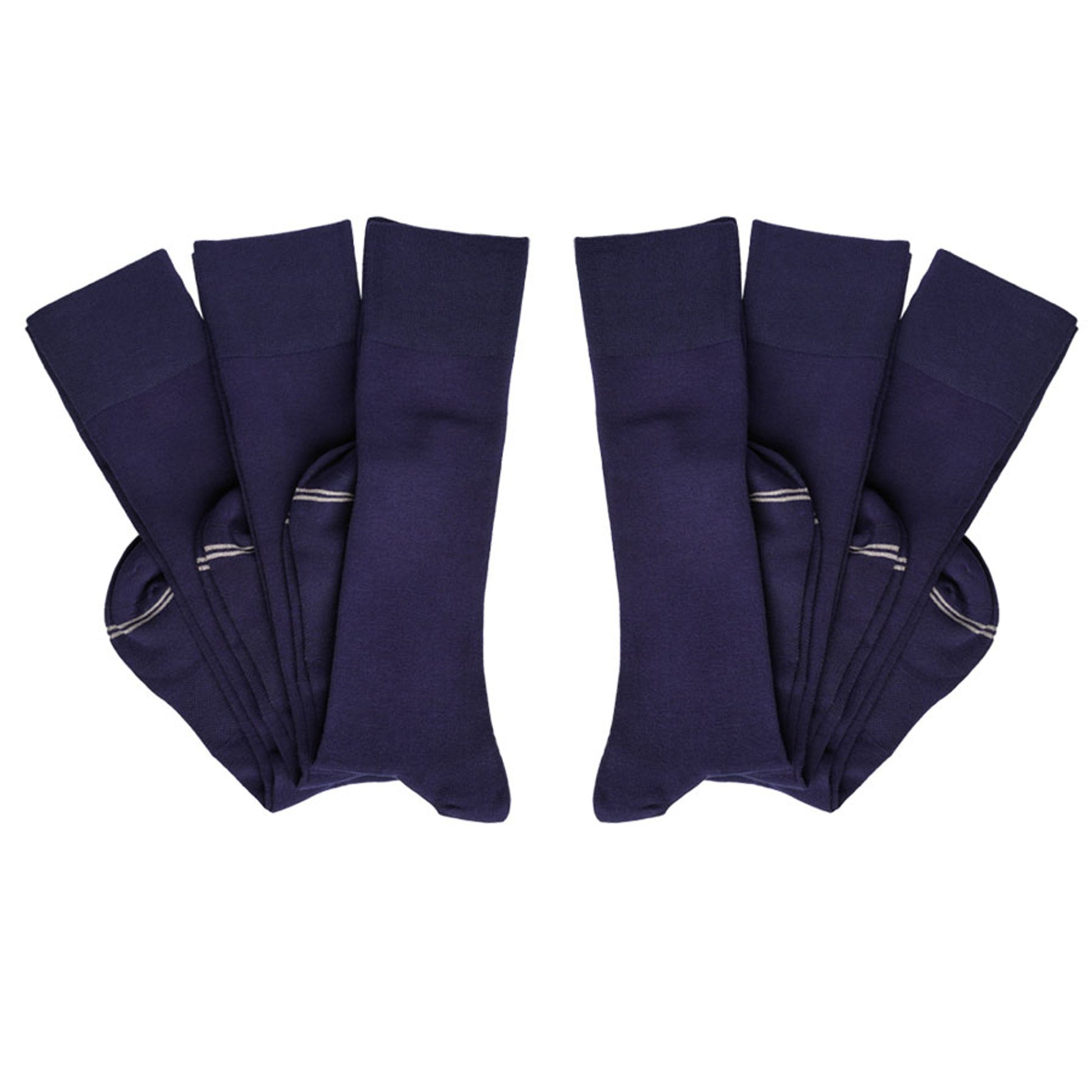 6 pairs of perfect navy boardroom socks folded at heel layered overtop one another