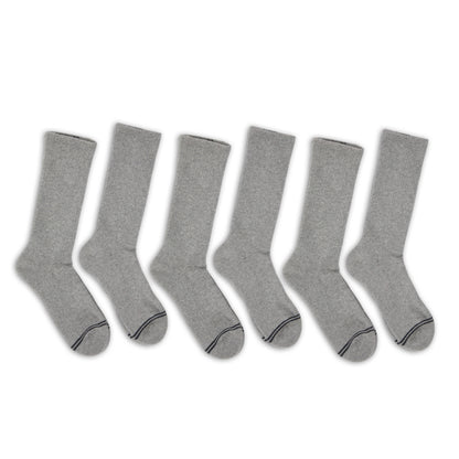 6 pairs of premium DeadSoxy casual crew socks with light grey color and 2 charcoal accent stripes across toes.