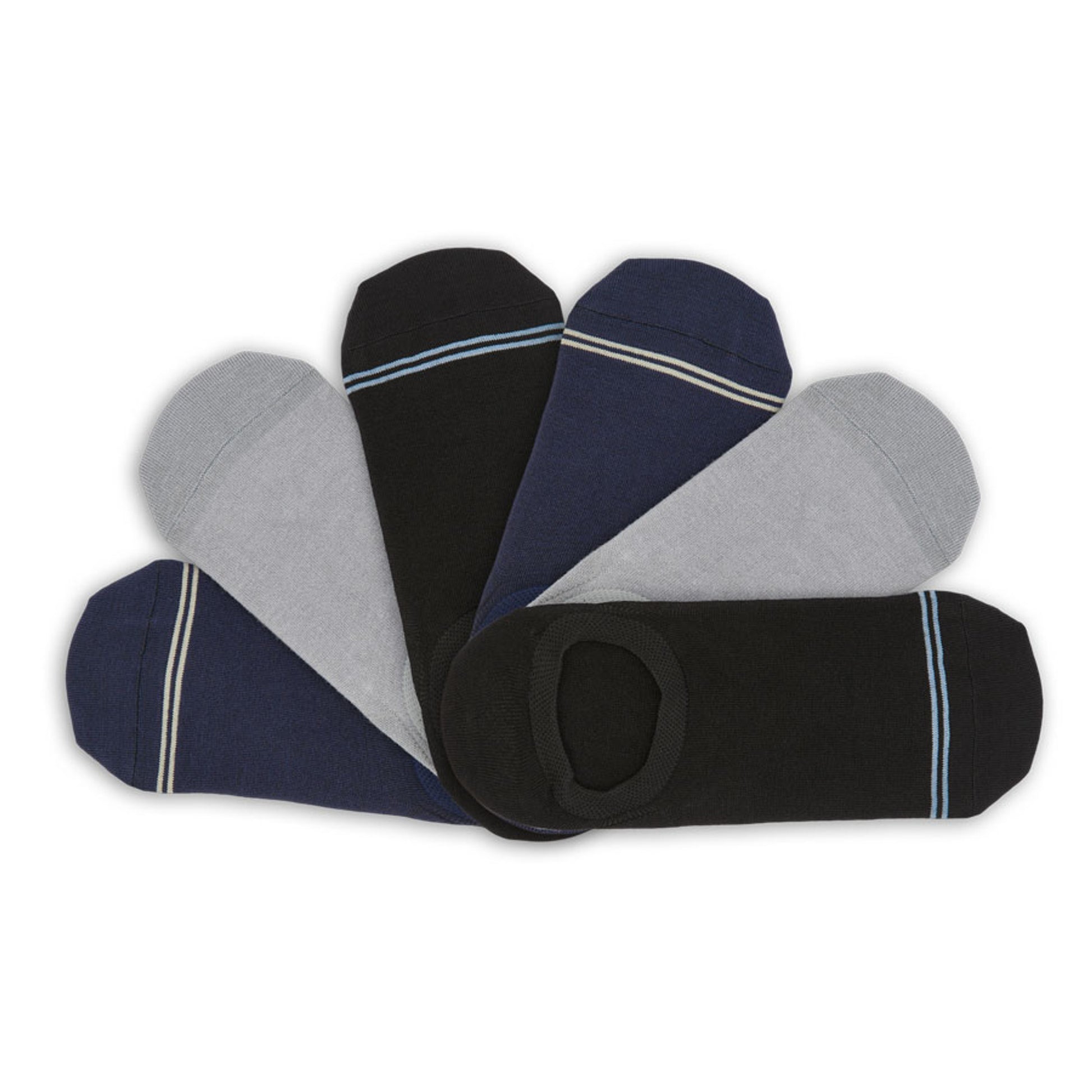 6 pairs no show socks in black, grey, and navy laid flat in a v shape