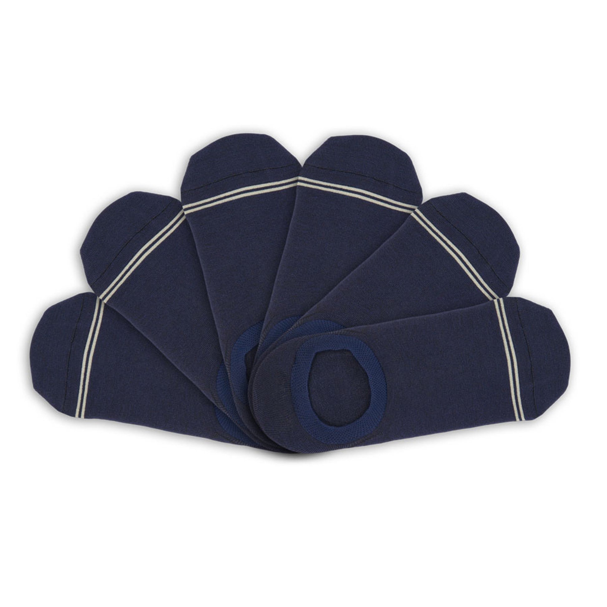 3 navy no show socks laying flat in V pattern with two thin light blue stripes over toes