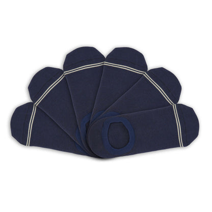 3 navy no show socks laying flat in V pattern with two thin light blue stripes over toes