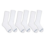 6 pairs of premium DeadSoxy casual crew socks with  white base color and 2 grey accent stripes across toes.