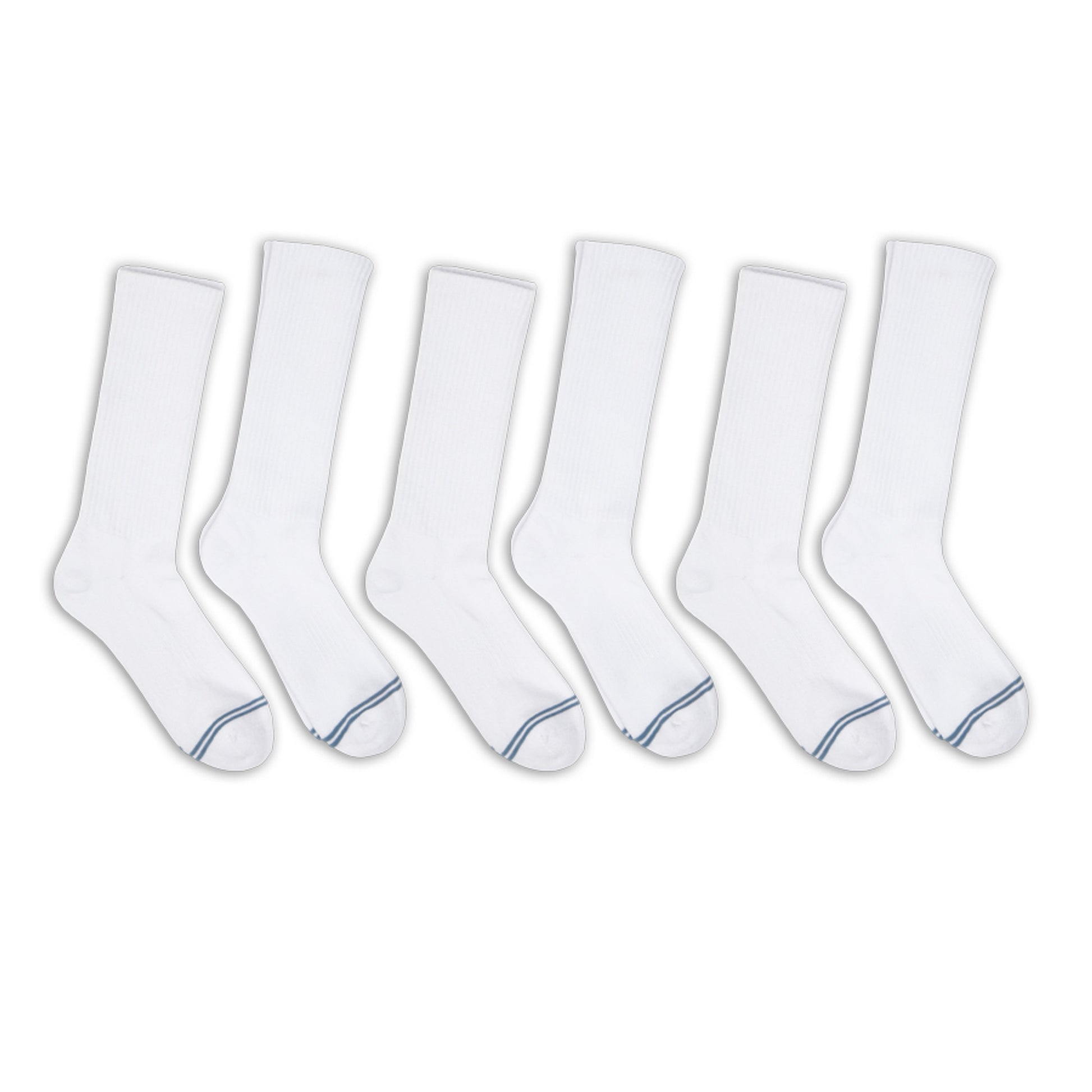 6 pairs of premium DeadSoxy casual crew socks with  white base color and 2 grey accent stripes across toes.