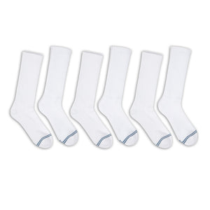 6 pairs of premium DeadSoxy casual crew socks with  white base color and 2 grey accent stripes across toes.