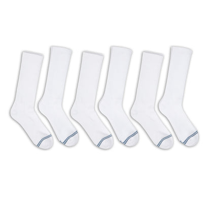 6 pairs of premium DeadSoxy casual crew socks with  white base color and 2 grey accent stripes across toes.