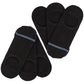 6 pairs black no show socks laying flat in V pattern with two thin light blue stripes over toes