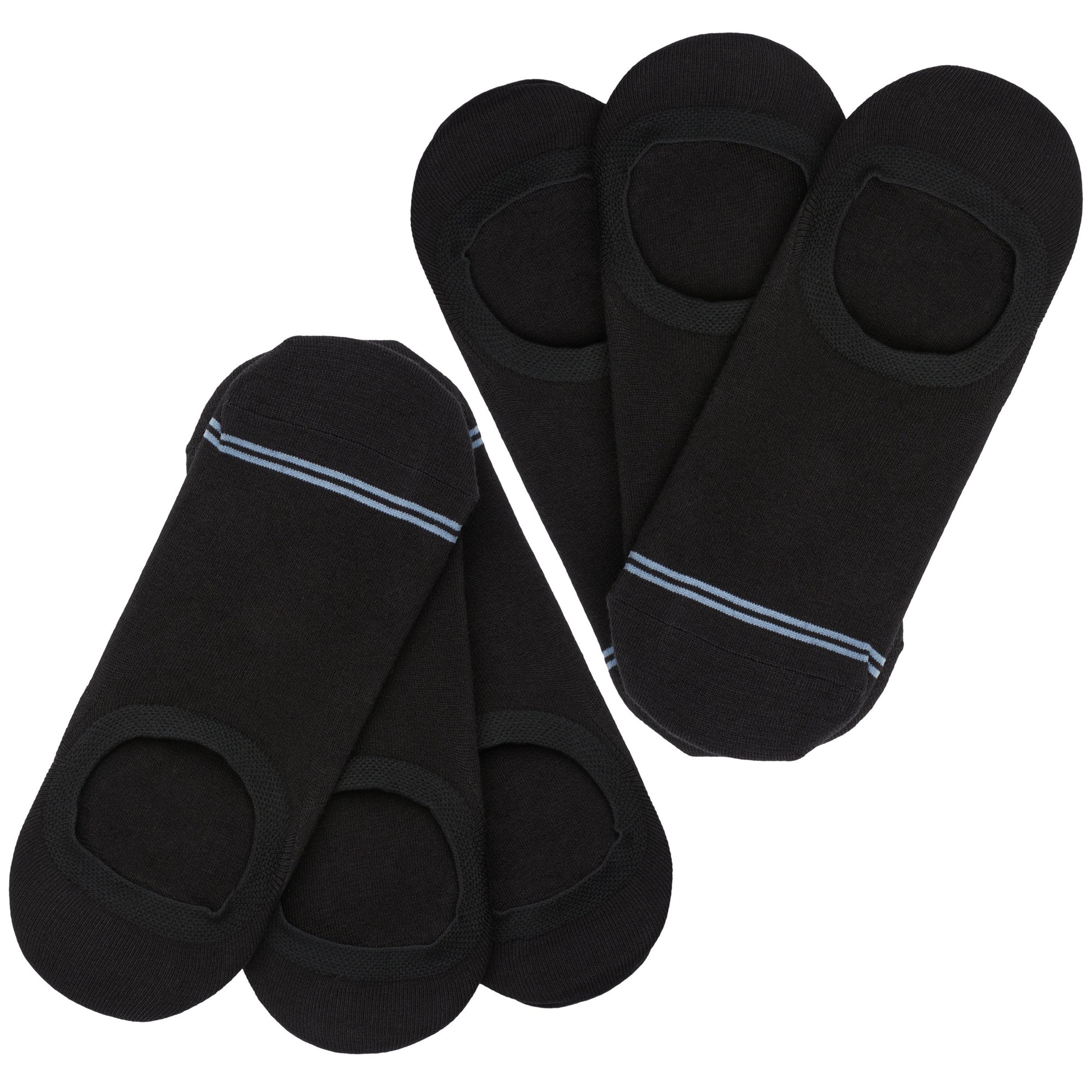 6 pairs black no show socks laying flat in V pattern with two thin light blue stripes over toes