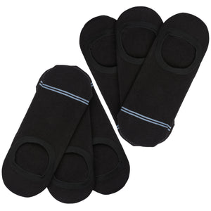 6 pairs black no show socks laying flat in V pattern with two thin light blue stripes over toes