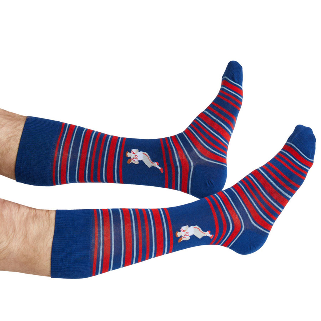 Close up of the detailing in the stitch of the 8-bit Archie red and navy stripe sock with #18 football player on the ankle