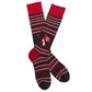 Crimson, black, and white striped socks with a small graphic on a white background