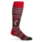 Crimson, black, and white striped sock with a design on a white background
