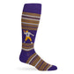 Purple and gold dress socks with a 8-bit JoeyB football player on the ankle shown on a mannequin
