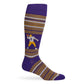 Purple and gold dress socks with a 8-bit JoeyB football player on the ankle shown on a mannequin