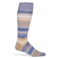 Allen dress socks full view showing lavender blue and camel stripe pattern