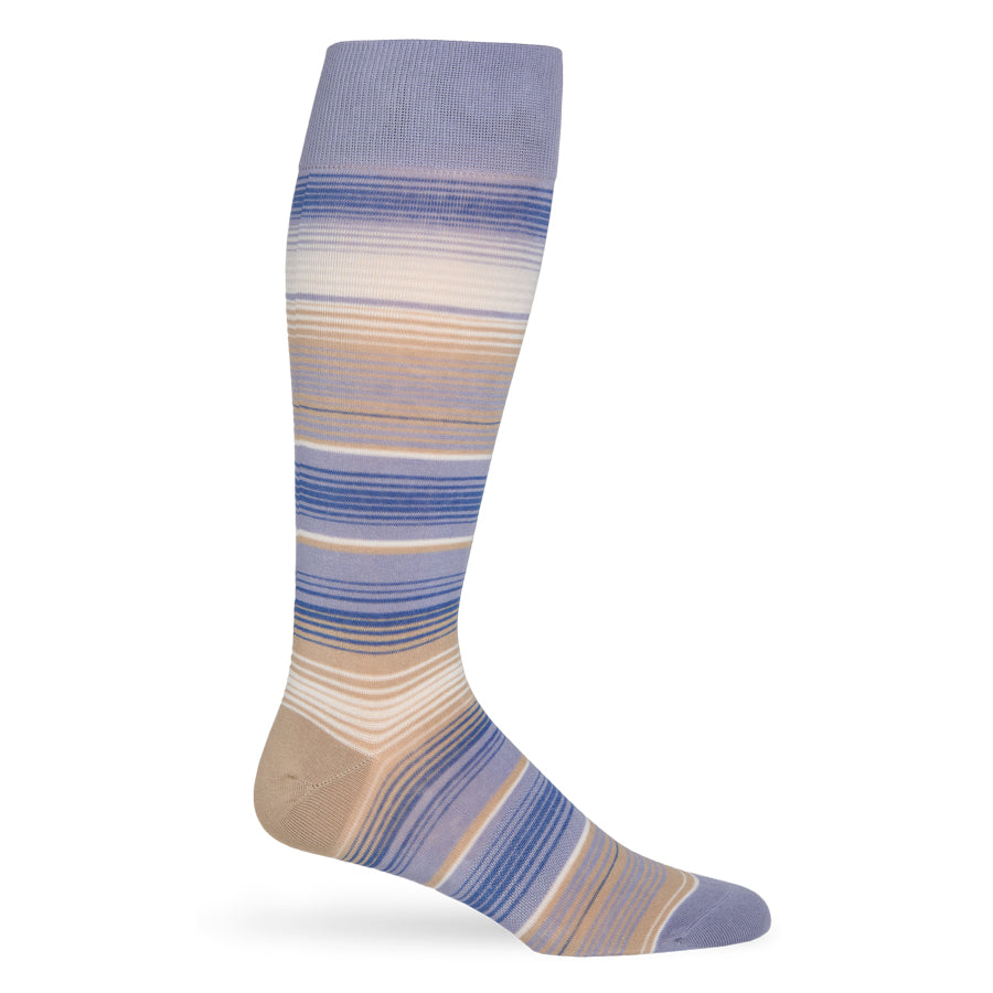 Allen dress socks full view showing lavender blue and camel stripe pattern