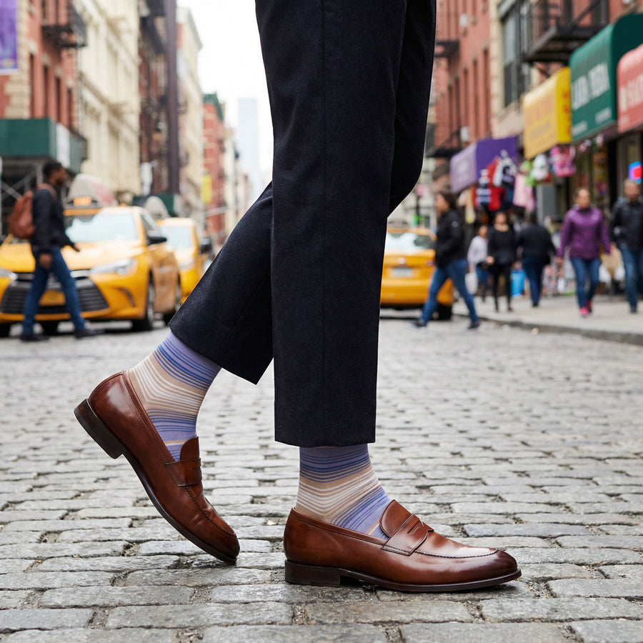 Allen lavender stripe dress socks styled in urban setting