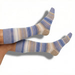 DeadSoxy Allen dress socks in lavender and blue multi-stripe pattern worn on foot