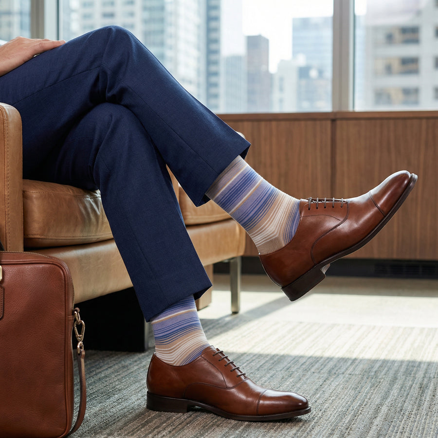Allen dress socks worn in professional business meeting setting