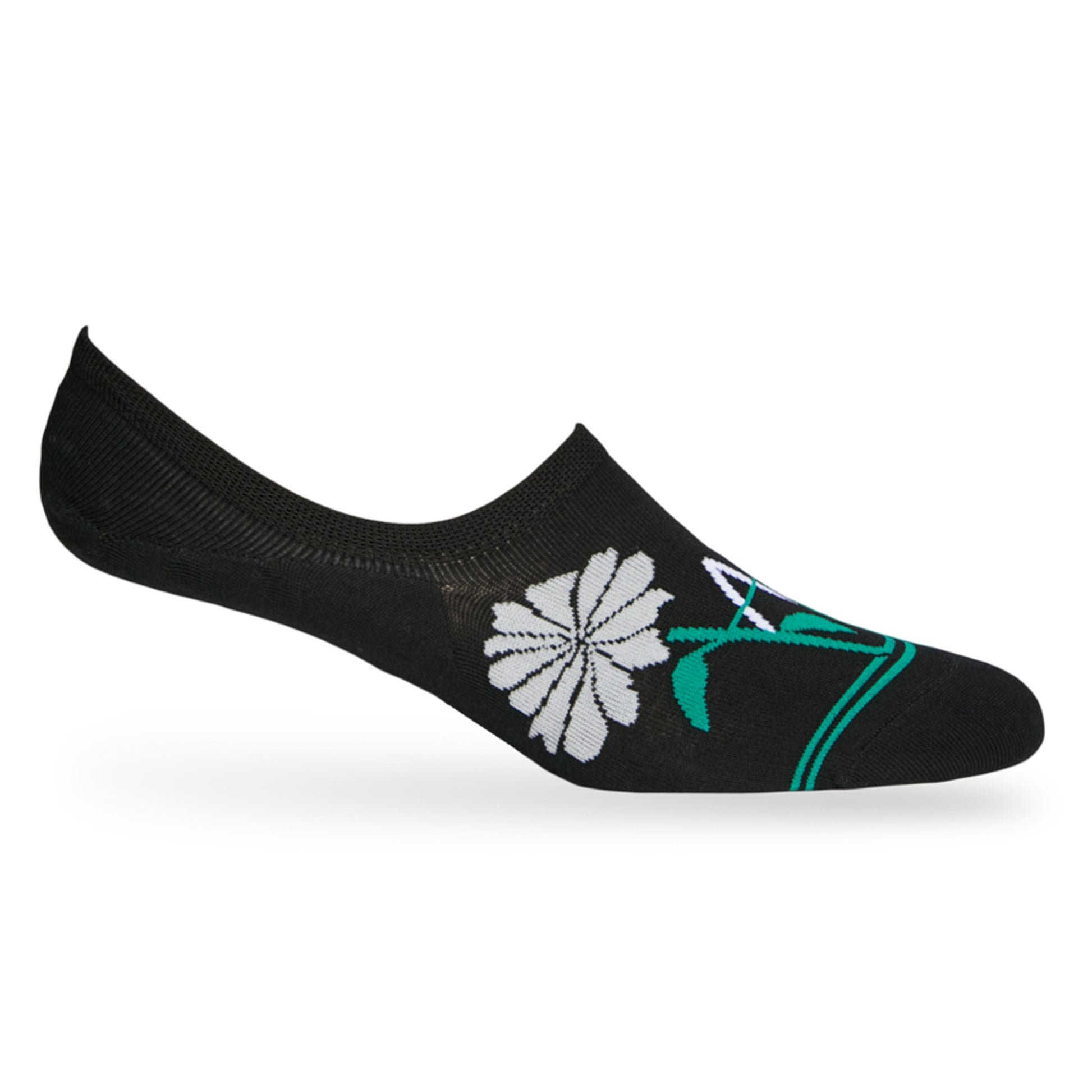 The Weitz Effect black flower no show collab socks product shot on mannequin