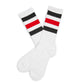white casual socks with 3 retro stripes on the leg in red and black colors
