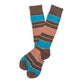Brown striped Beckett dress sock laid flat to show full-length pattern and stitching.