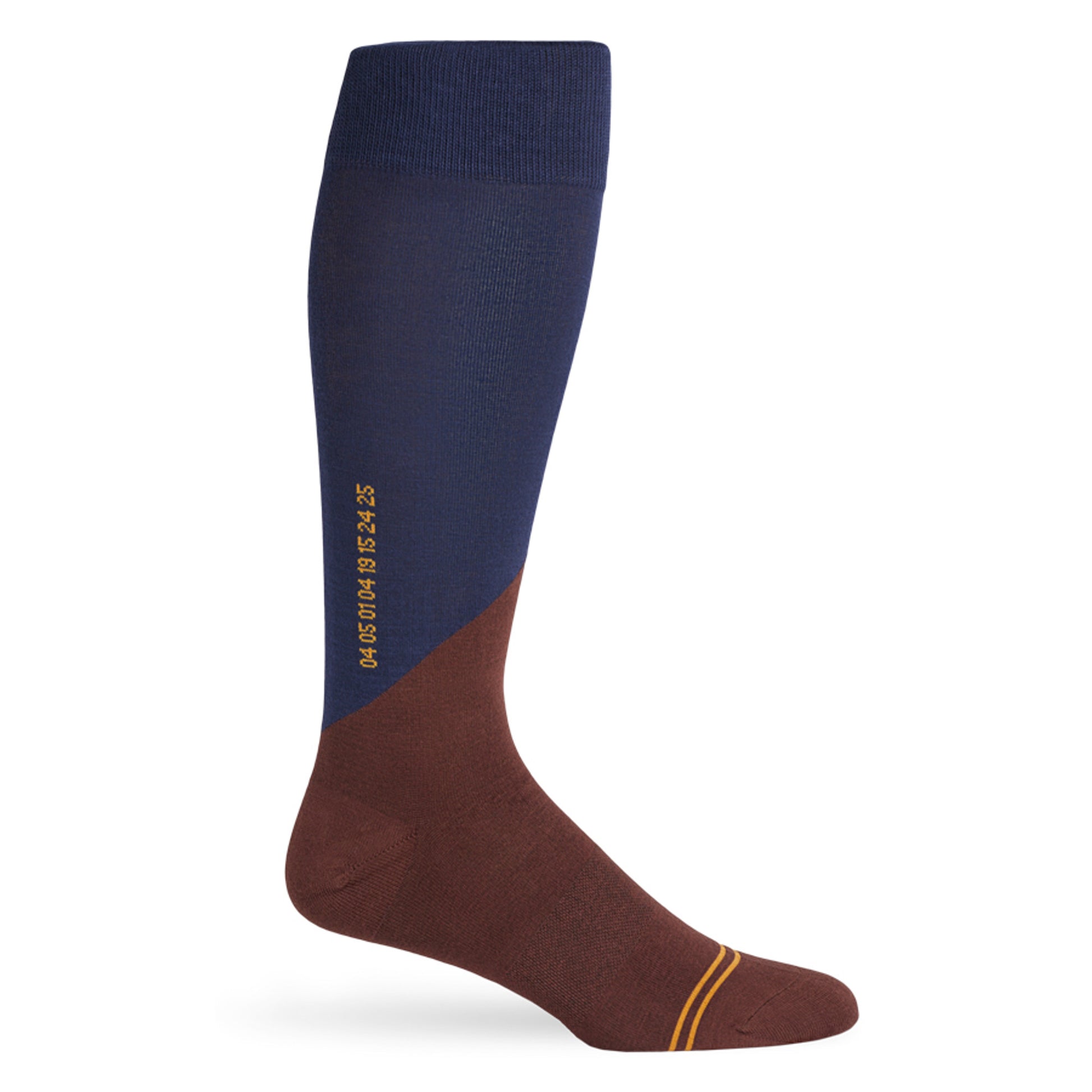 Navy Blue and Brown dress socks with electric grape accents and numbers shown on a mannequin.