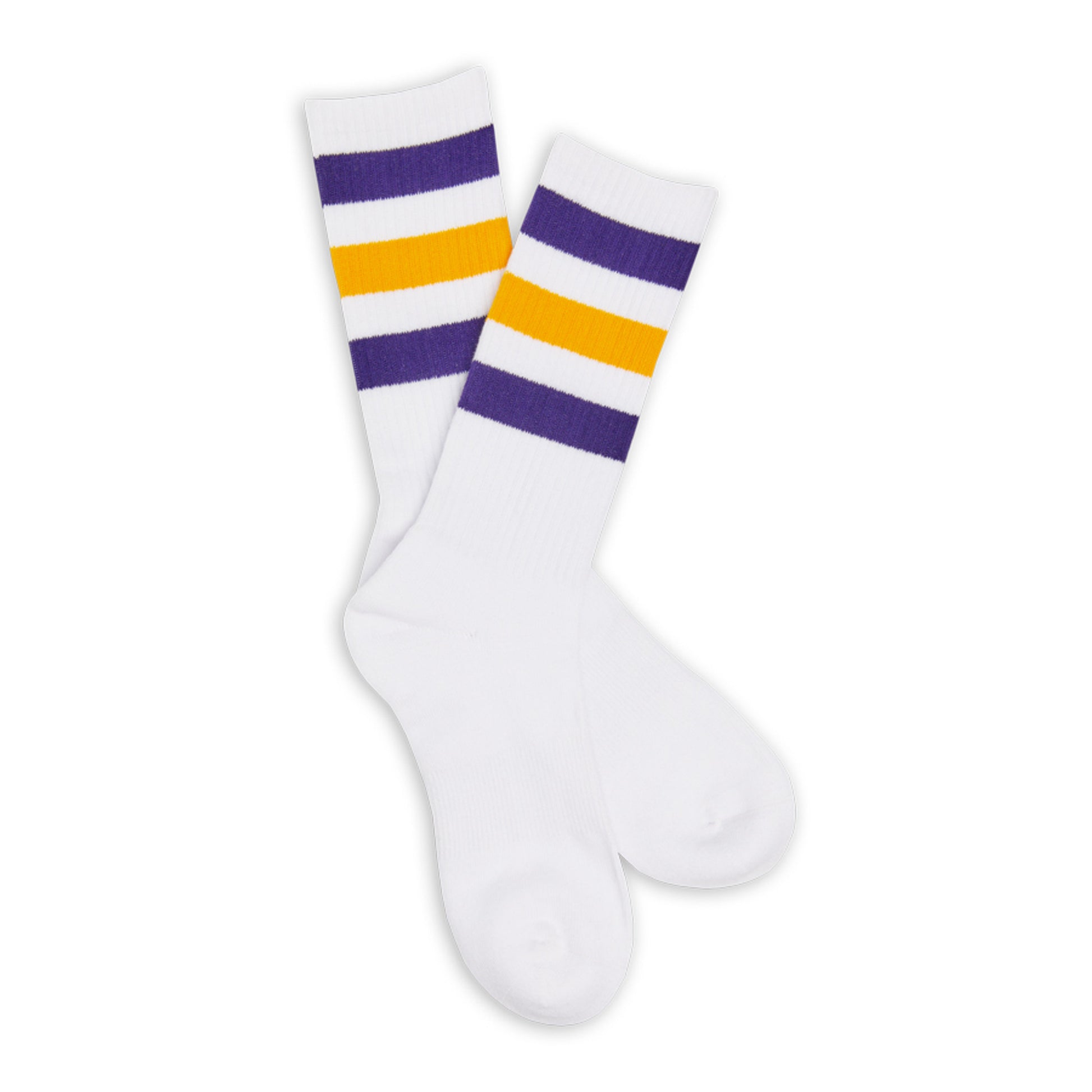 white casual sock with 3 retro stripes on the calf in purple and gold