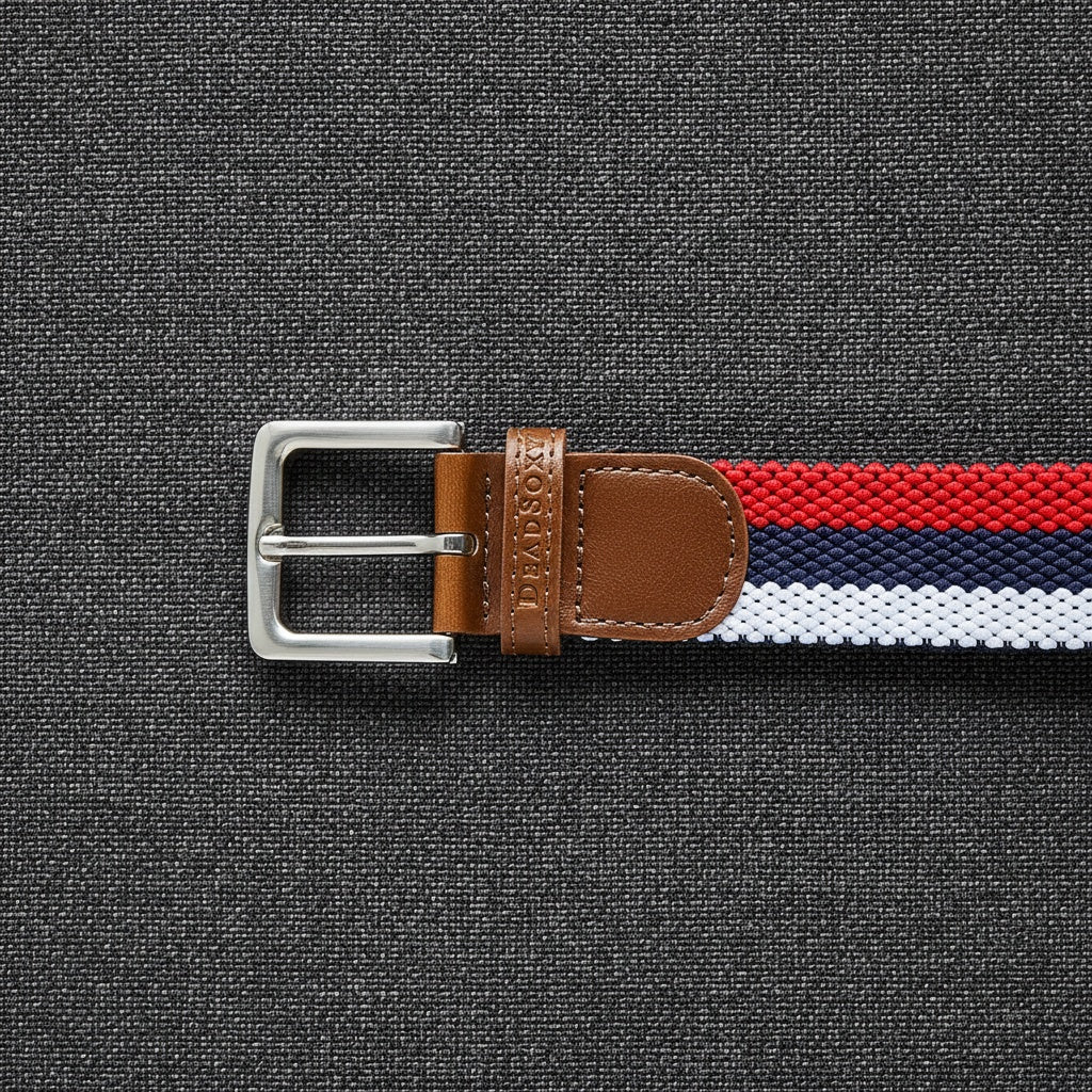Woven belt with red, white, and blue stripes on a gray background