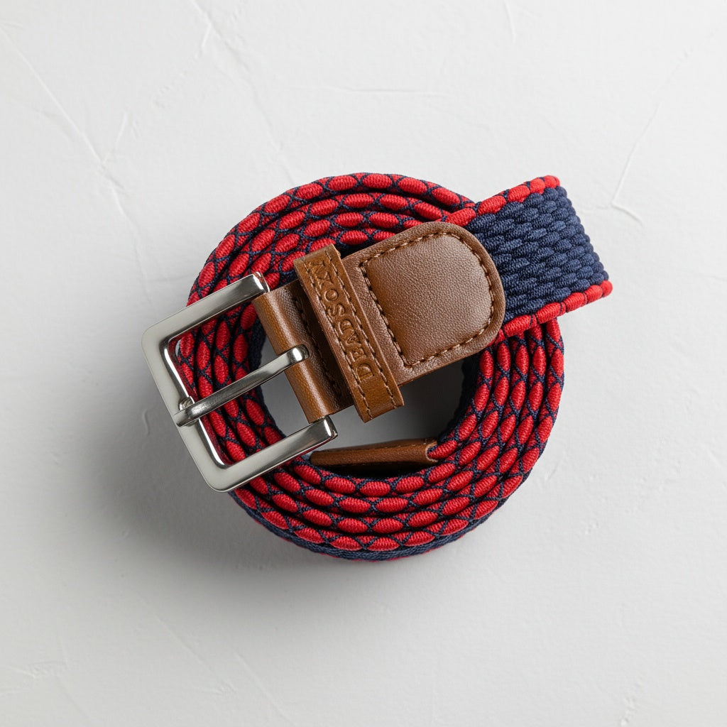Navy and red stretch-woven belt with leather accents and metal buckle shown in close-up and lifestyle model photos.
