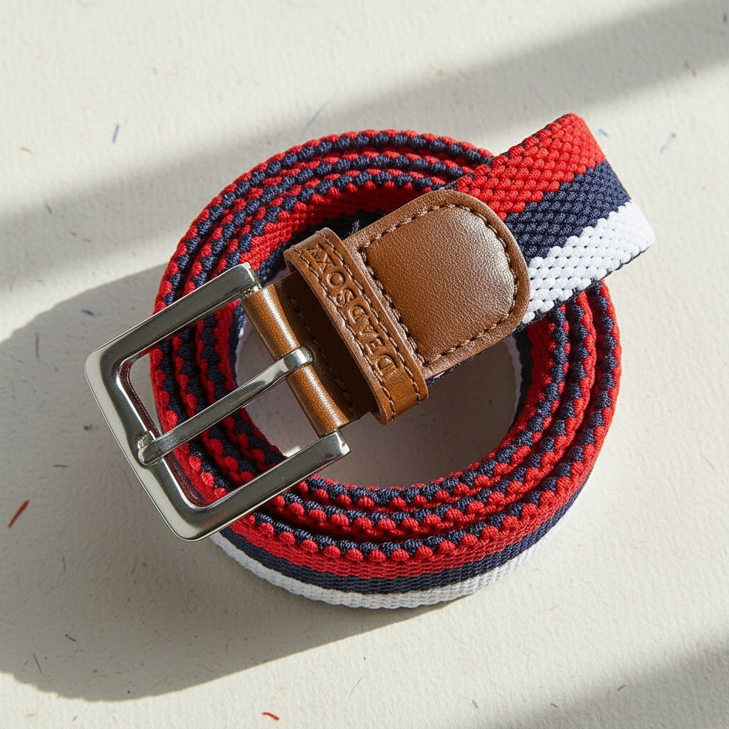 Woven belt with red, blue, and white stripes and a brown leather buckle on a light background