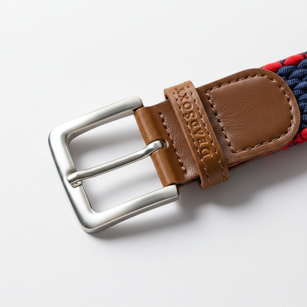 Belt with brown leather buckle and red and blue woven strap on a white background