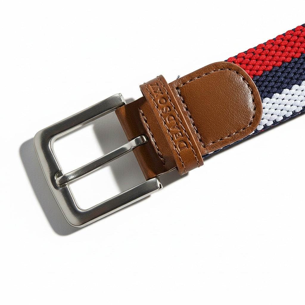 Woven belt with brown leather buckle on a white background