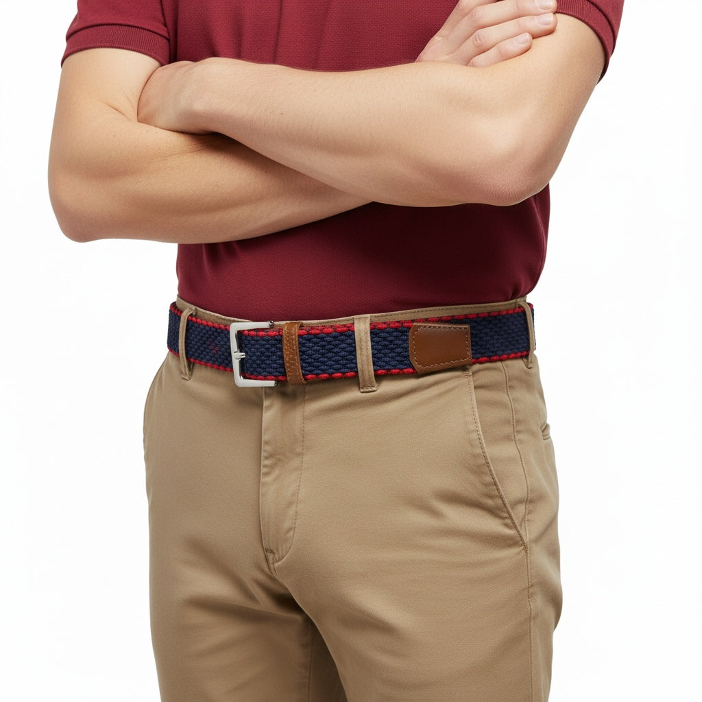 Person wearing a red shirt, beige pants, and a belt with a blue and brown pattern on a white background