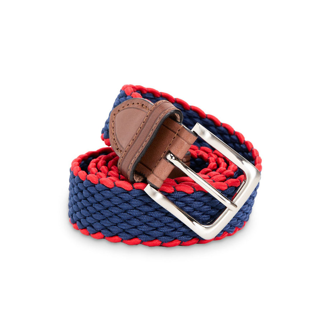 Navy and red stretch-woven belt with leather accents and metal buckle shown in close-up and lifestyle model photos.
