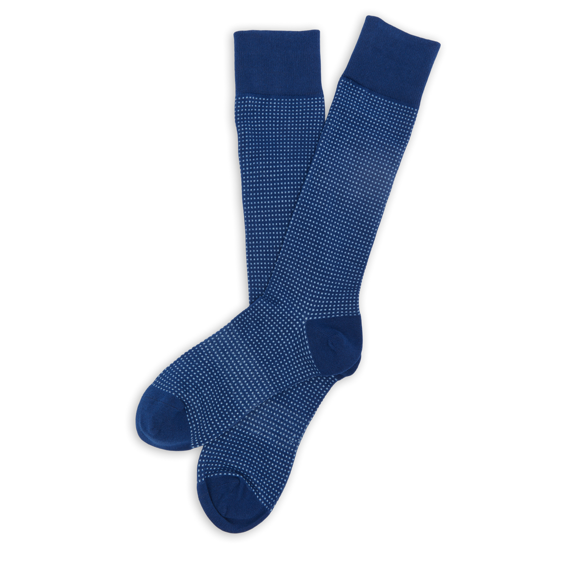Navy blue and powder blue birdseye premium dress socks laid out flat