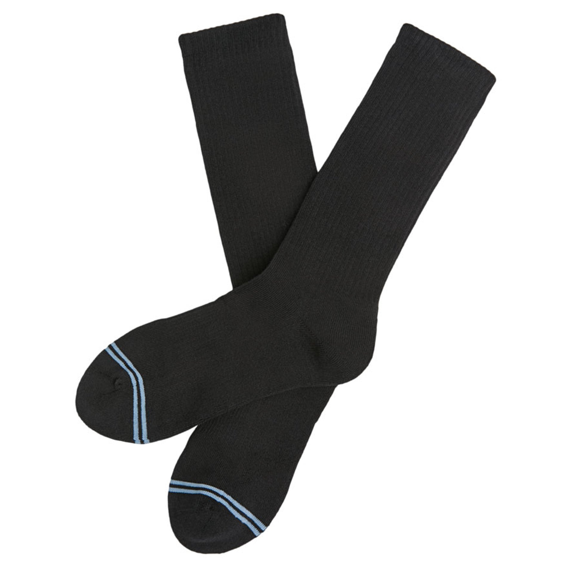 Black casual crew athletic lounger sock with light blue double stripe across toe laid out flat
