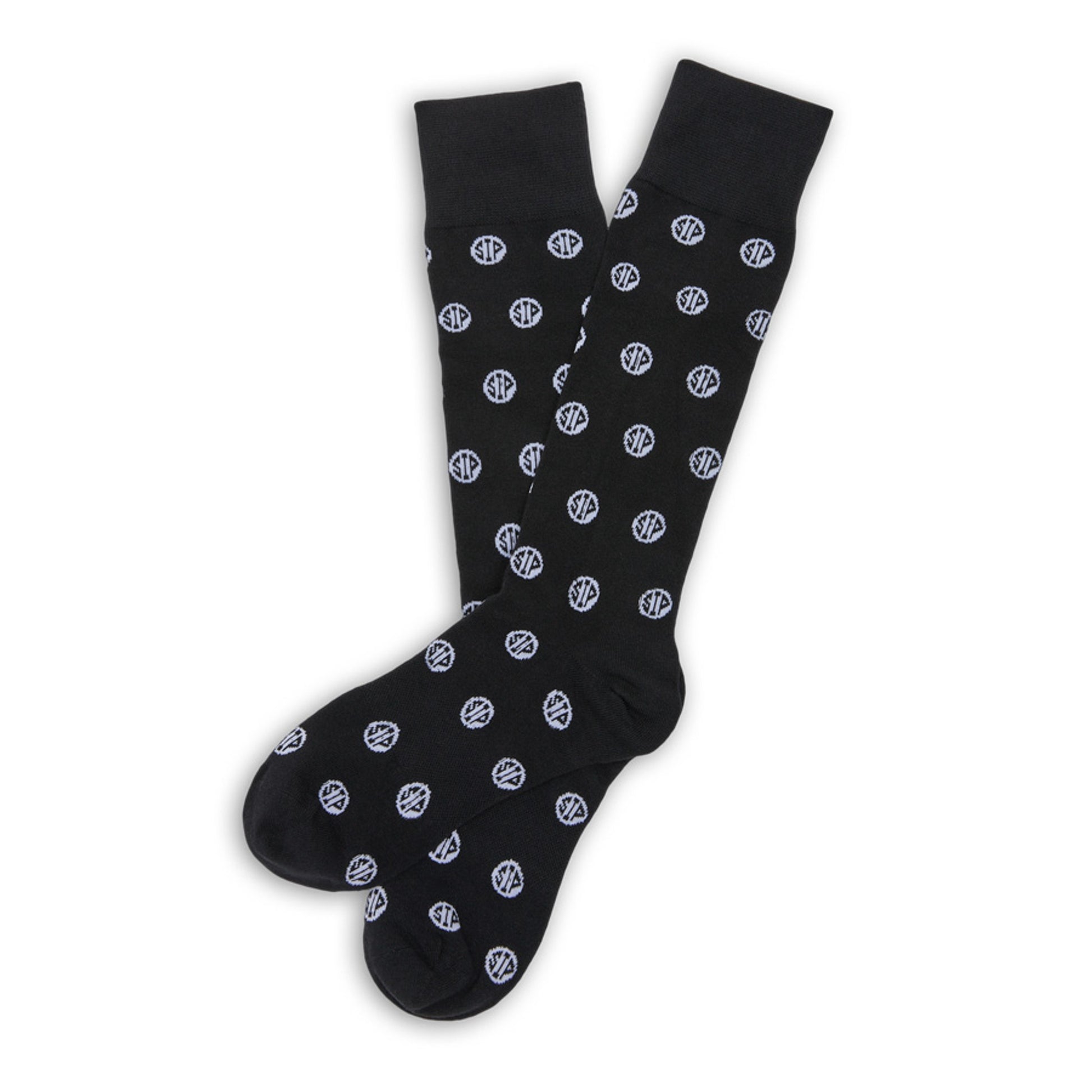 Black Sip Dots Dress Sock with 'Sip' dot pattern and TrueStay‚Ñ¢ technology laid out flat.