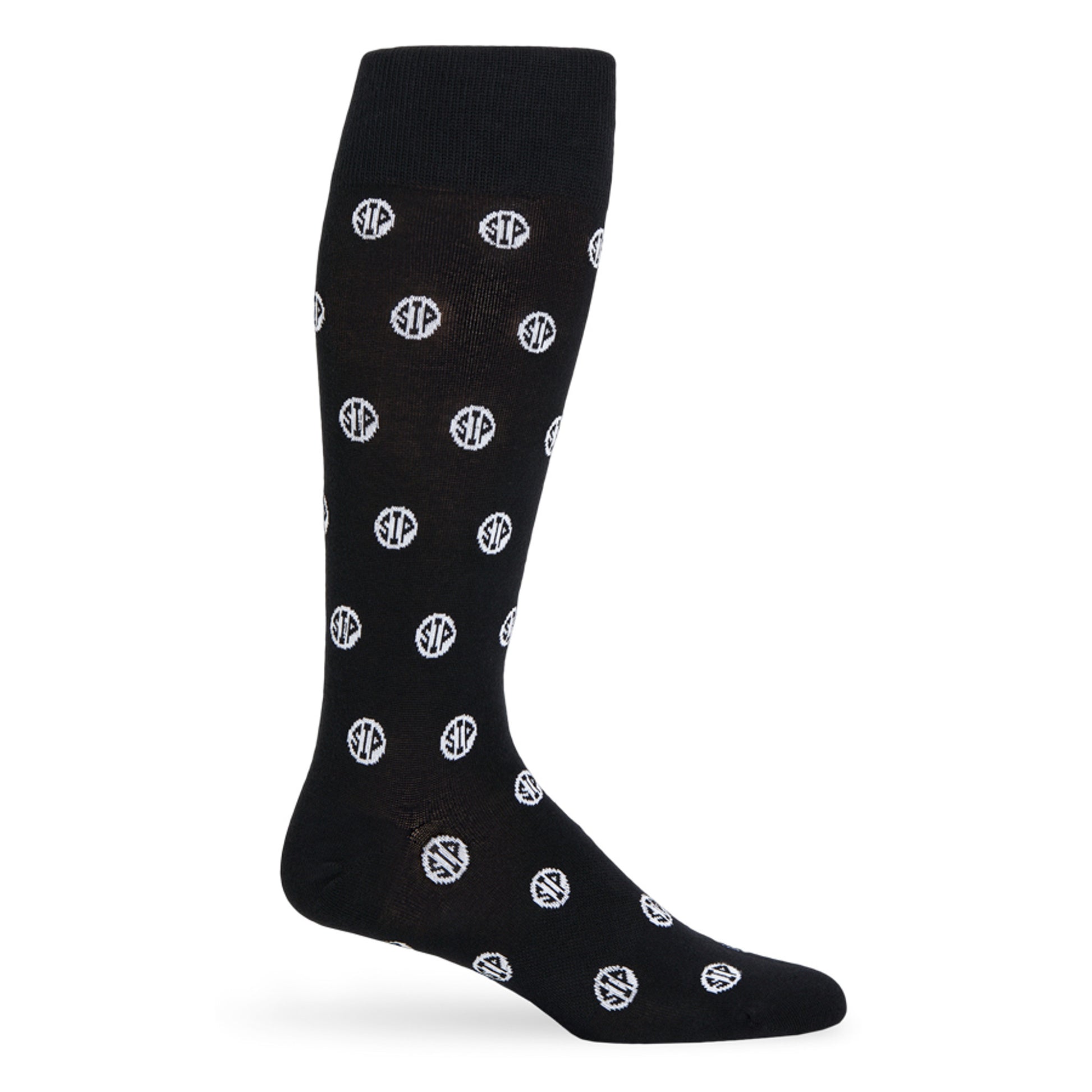 Black Sip Dots Dress Sock with 'We Run the Sip' dot pattern and TrueStay‚Ñ¢ technology on mannequin.