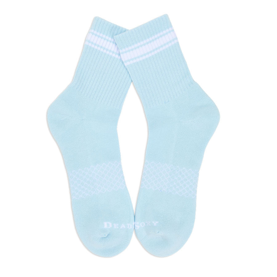 Blue & white quarter crew socks laid flat showing full design