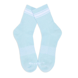 Blue & white quarter crew socks laid flat showing full design