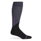 one pair of black and charcoal dress socks with numbers down the calf on mannequin.