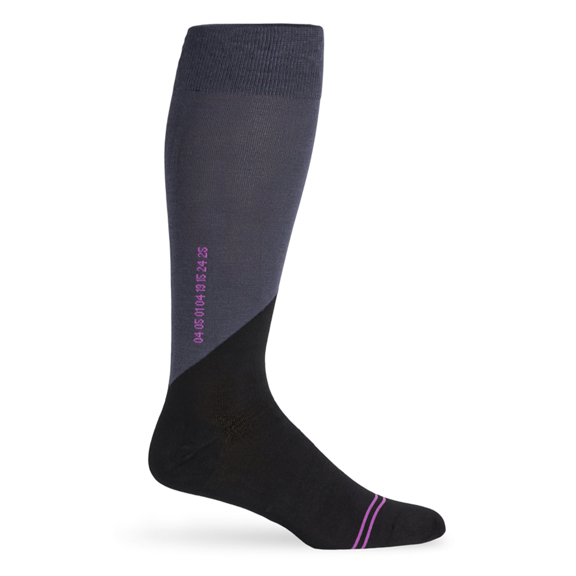 one pair of black and charcoal dress socks with numbers down the calf on mannequin.