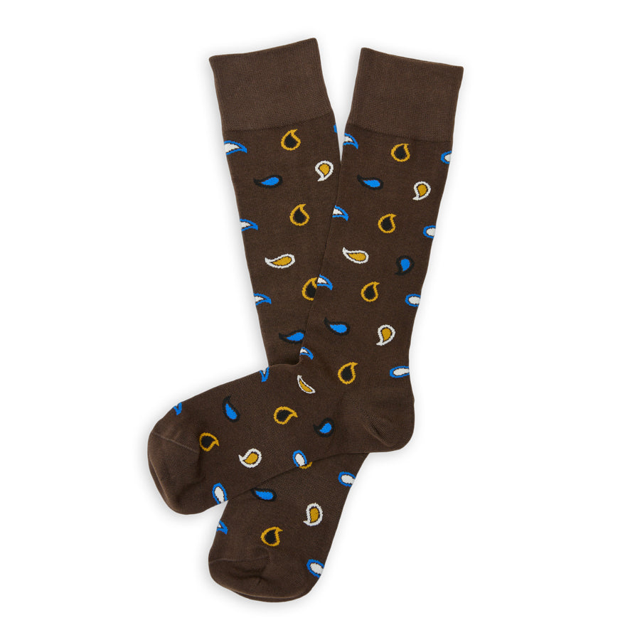 DeadSoxy Briggs Cotton Dress Socks flat lay showing a brown base with blue, yellow and white paisley motifs