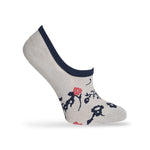 1 no show sock in solid white with a navy blue and red floral pattern and a navy blue welt displayed on a mannequin