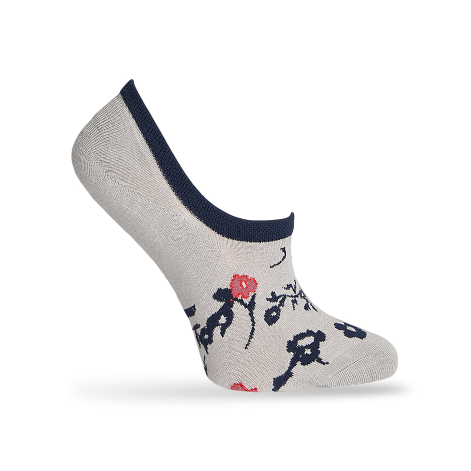 1 no show sock in solid white with a navy blue and red floral pattern and a navy blue welt displayed on a mannequin