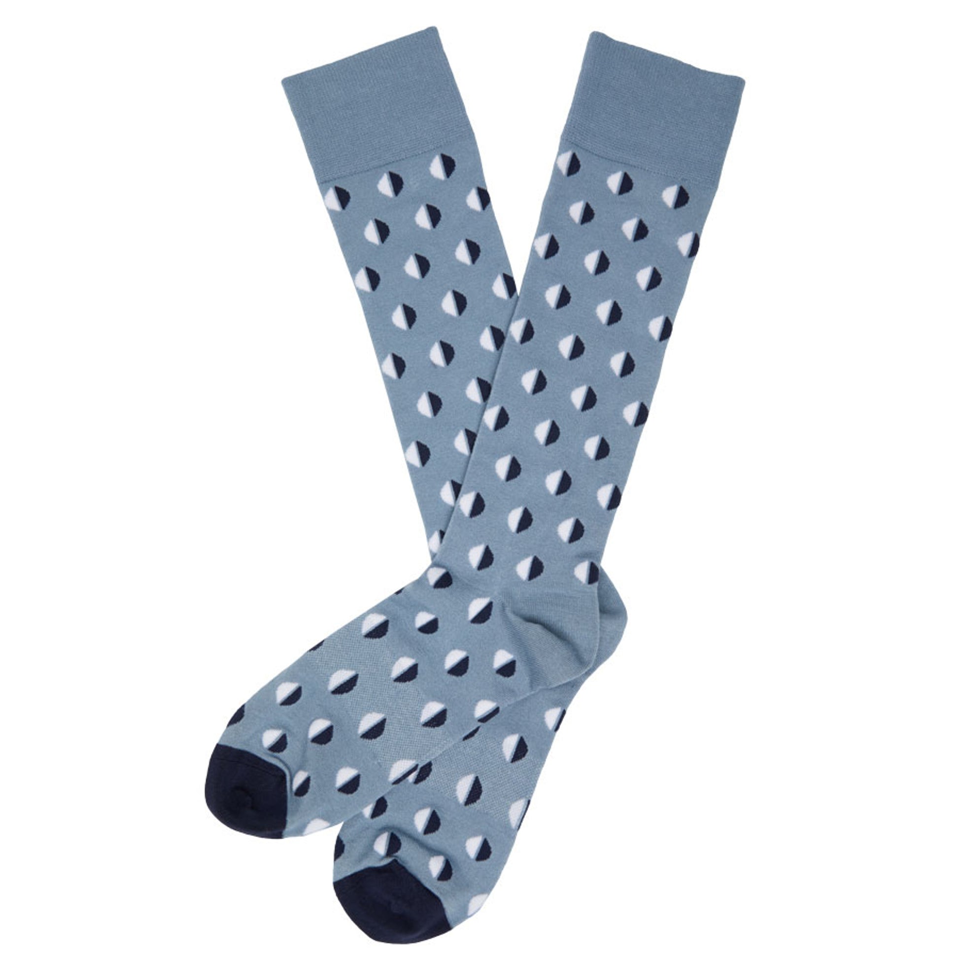 1 light blue dress sock with circles half navy and white white displayed flat and crossed at the heel