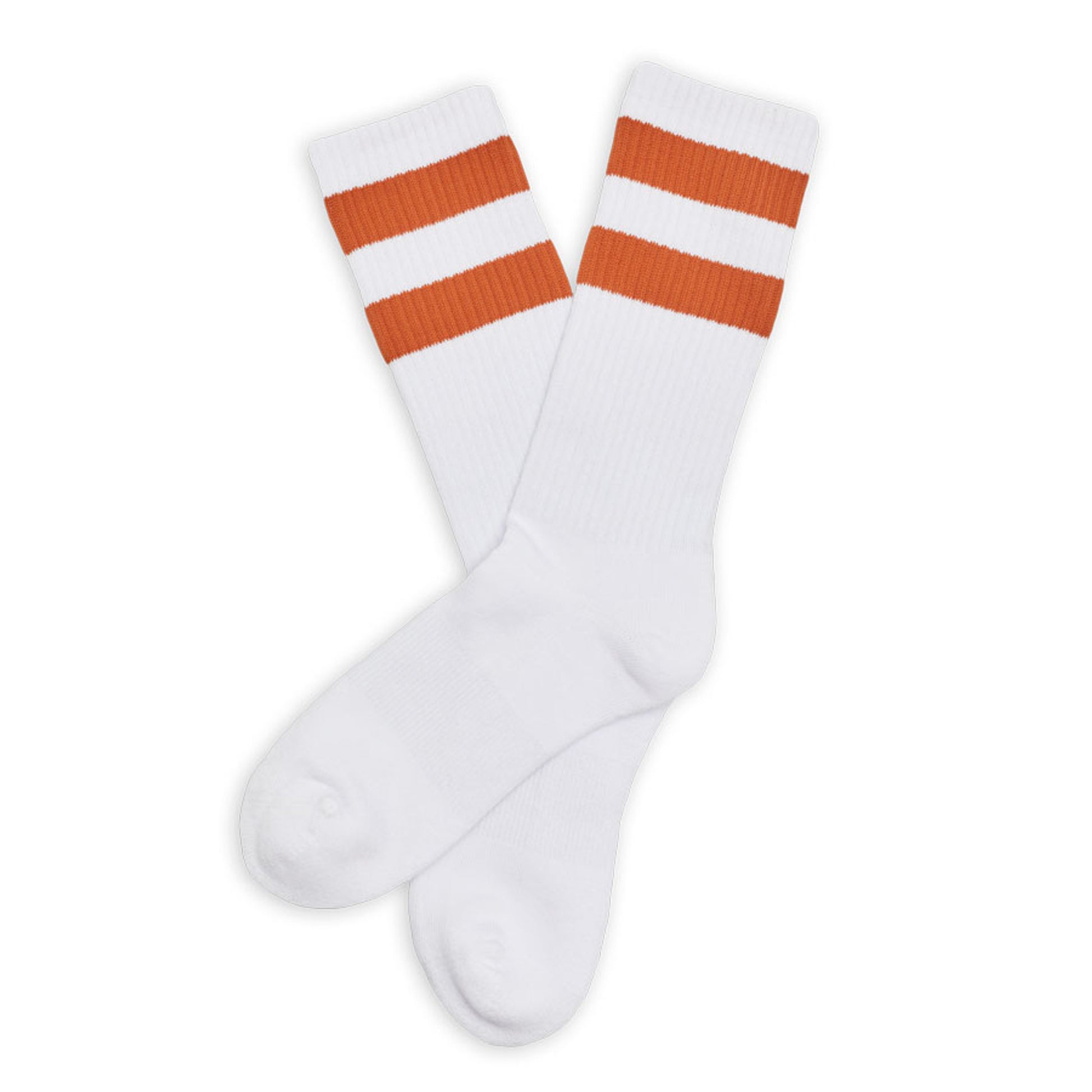 White casual socks with 2 burnt orange retro stripes on the leg lay flat