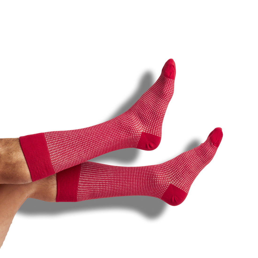 Cardinal and white birdseye dress socks shown on legs