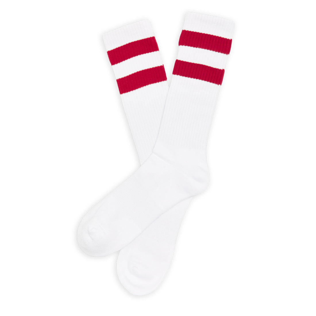 white casual socks with 2 retro stripes in cardinal color laid out flat