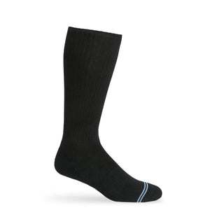 Black casual crew athletic lounger sock on mannequin with light blue double stripe across toe